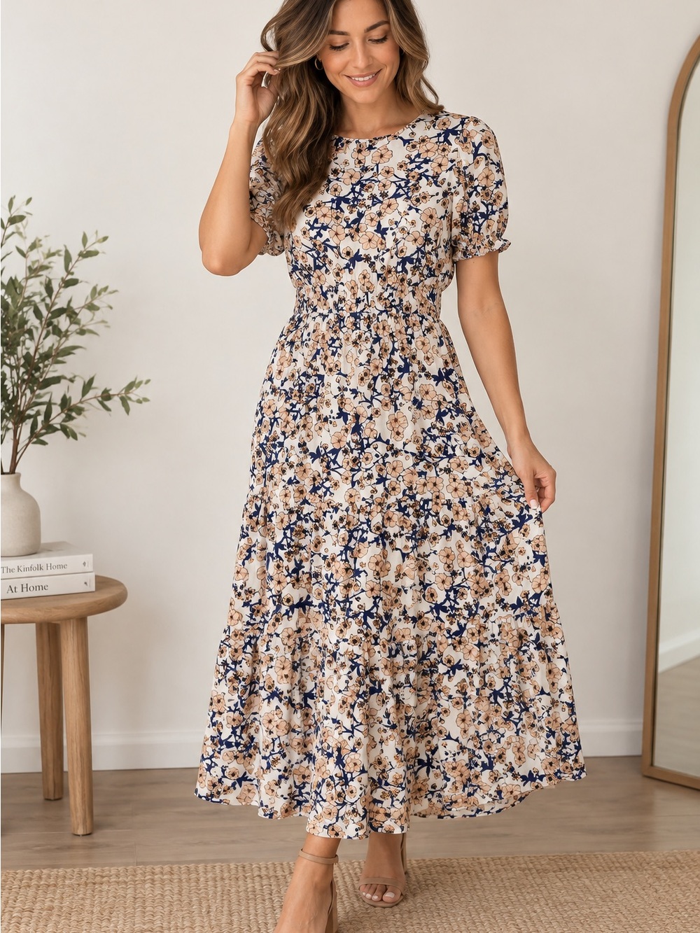 SHEIN Floral Print Midi Dress in Blue and Yellow Floral